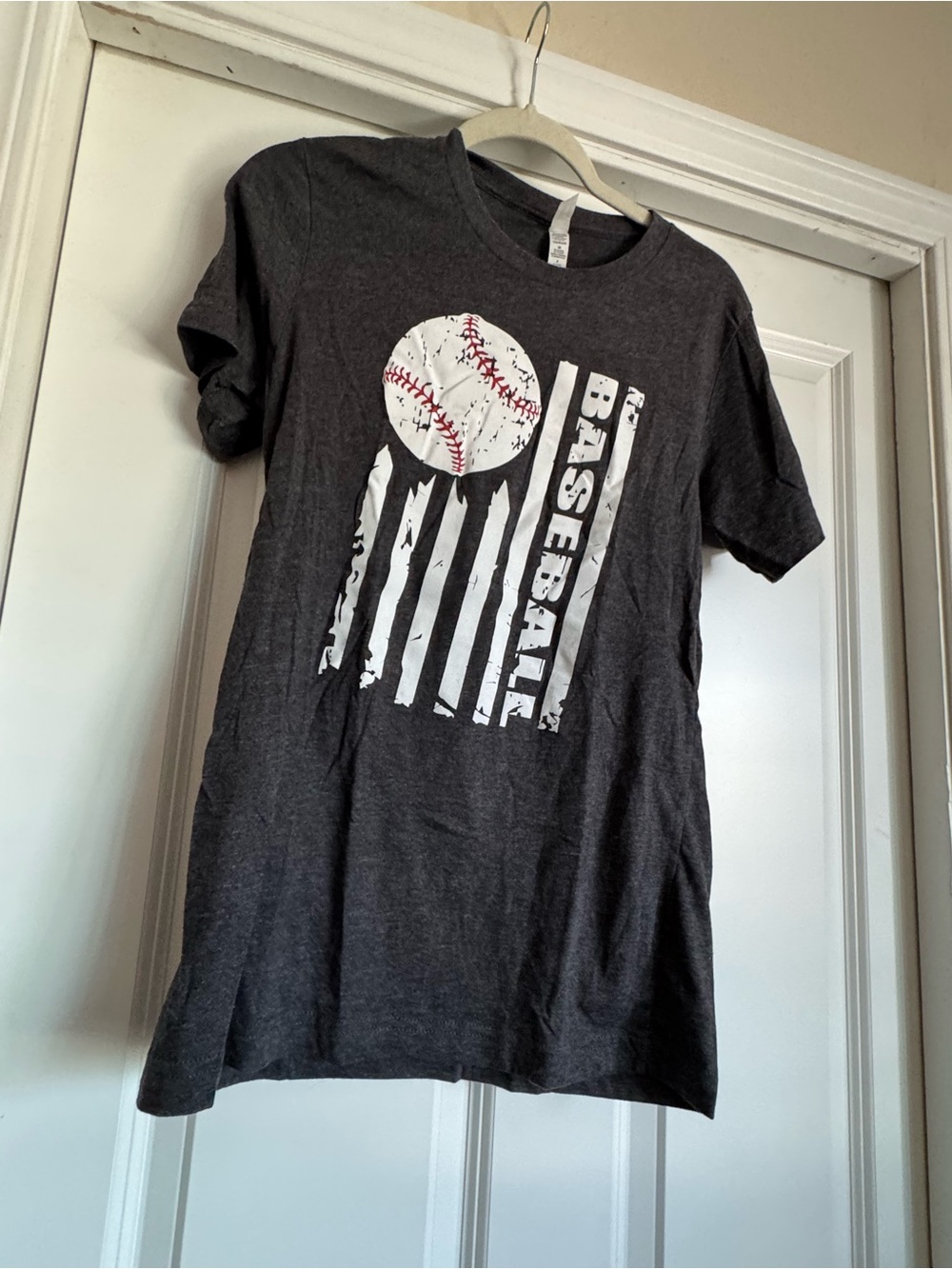 Bella + Canvas Small Dark Heathered Grey Gray Baseball Flag Graphic T Shirt